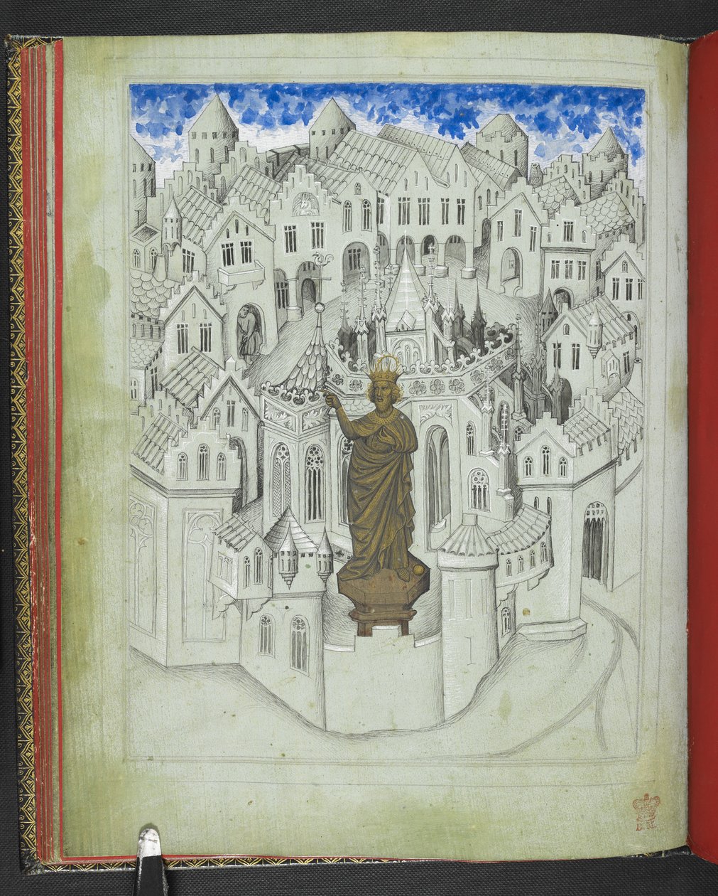Dodaj 24189, f.9v, Miasto Konstantynopol, z dużym posągiem cesarza Justyniana stojącego przed katedrą św. Zofii, z „Picture Book of Sir John Mandeville