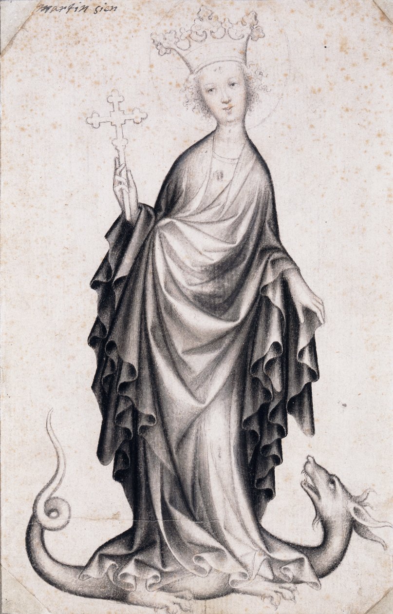 Święta Małgorzata z Antiochii (zm. ok. 305) (św. Małgorzata) (trzyma krucyfiks i depcze smoka) - Dzieło mistrza czeskiego (czynne 1410-1420), ołówek i pędzel na papierze (21,4x14 cm) , ok. 1410 - Muzeum Szepmuveszeti, Budapeszt (Węgry) autorstwa Bohemian School