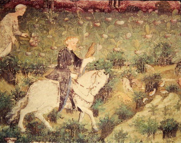 Miesiąc wrzesień, fragment jeźdźca z sokołem, ok. 1400 (fresk) autorstwa Bohemian School