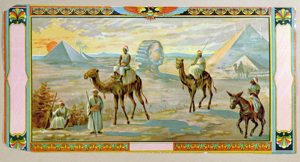 Sfinks i piramidy, etykieta z pudełka fezu, ok. 1910 r. autorstwa Bohemian School