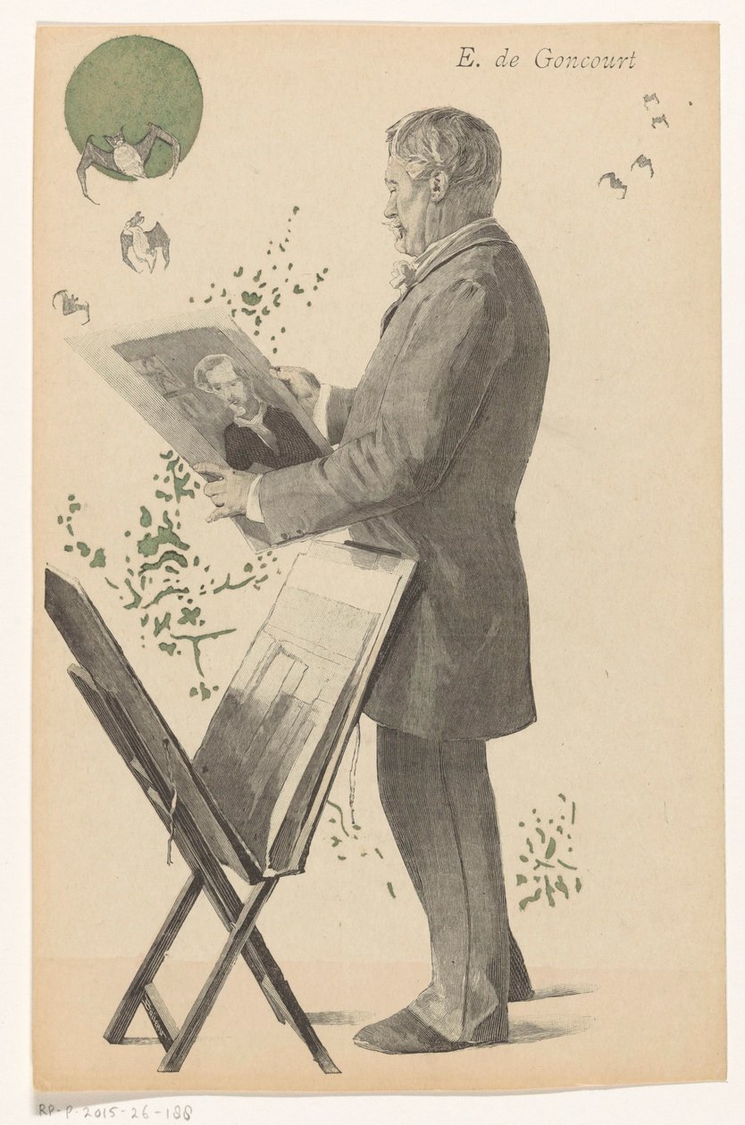 Edmond de Goncourt patrzy na odcisk, obok niego wzór odcisku E. de Goncourt (tytuł na obiekcie) autorstwa Boileau