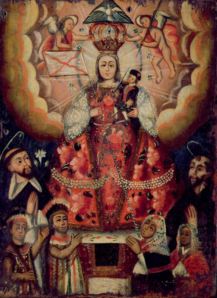 Madonna z Dzieciątkiem Jezus, św. Dominik, św. Franciszek i indiańscy czciciele autorstwa Bolivian School