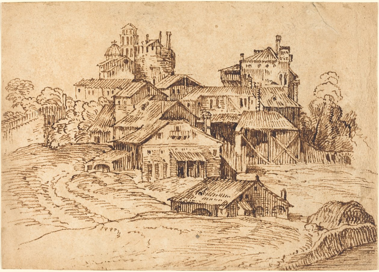 Widok włoskiego miasta (po Tycjanie lub Domenico Campagnoli) autorstwa Bolognese 17th Century