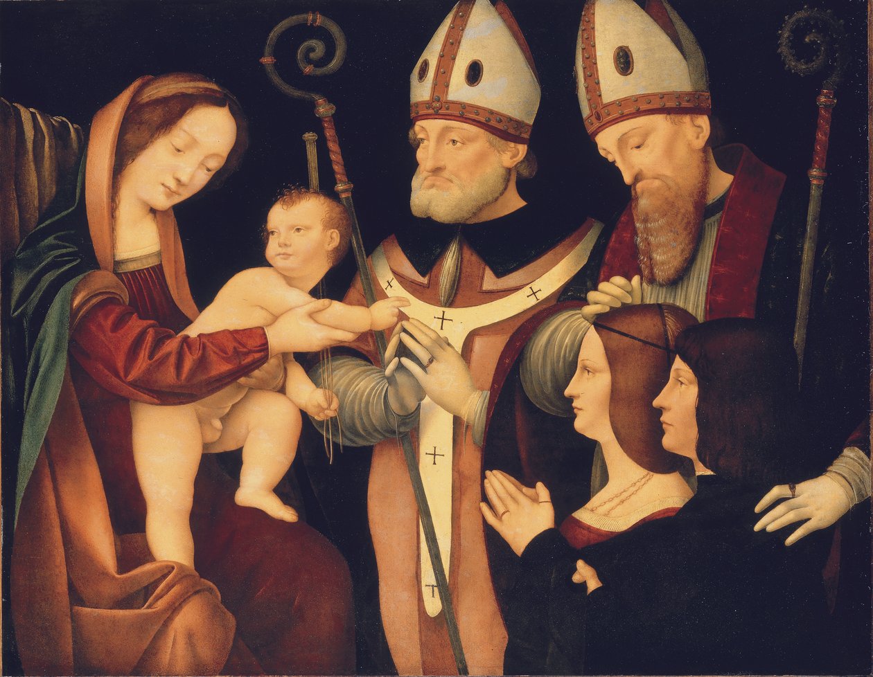 Madonna z Dzieciątkiem ze świętymi Romanusem i Ptolomeusem oraz dwoma darczyńcami (olej na panelu) autorstwa Boltraffio Pseudo