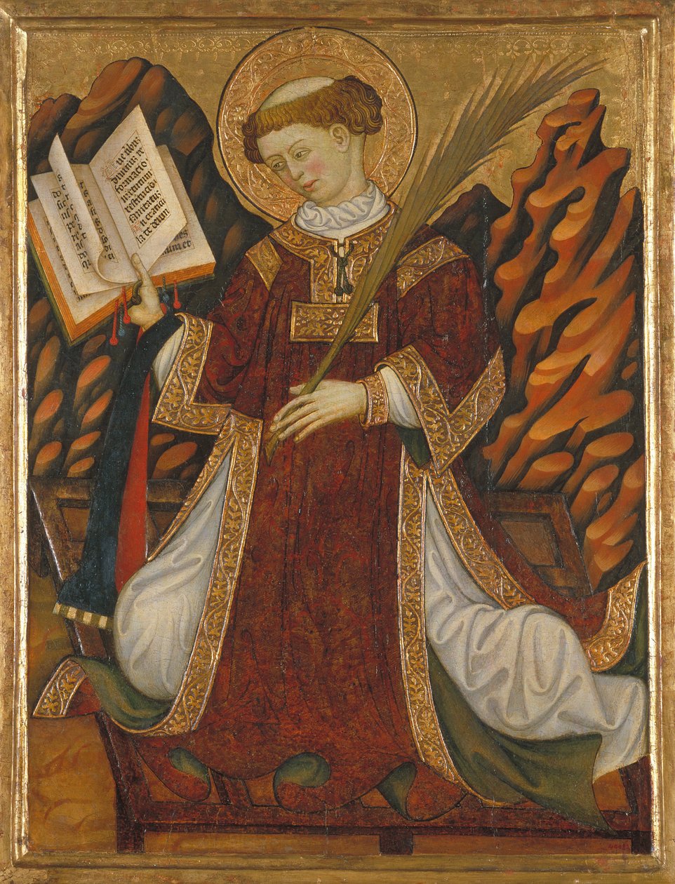 Św. Wawrzyniec Rzymski (ok. 210-258) (w stroju diakona czytającego Biblię i trzymającego dłoń męczenników, klęczącego na kratce jego męki) - Obraz Bonanata Zaortiga (czynny XV w.), tempera na desce (80 ,2x62 cm), ok. 1430 - Św. Wawrzyniec, autorstwa Bonanat Zaortiga