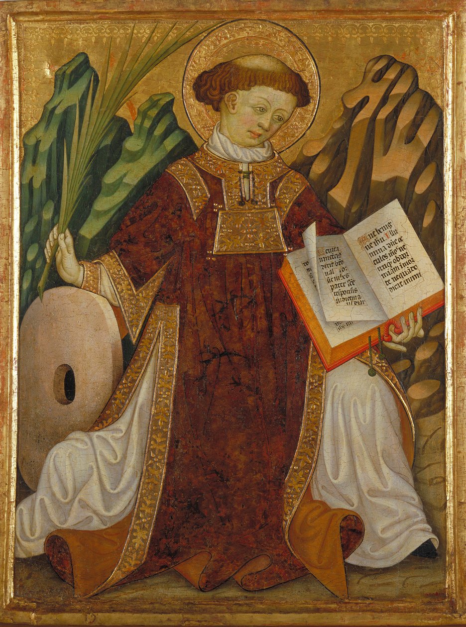 Św. Wincenty z Saragossy (IV wiek) (w stroju diakona czytającego Biblię i trzymającego dłoń męczenników, przy kamieniu młyńskim jego męki) - Obraz Bonanata Zaortiga (czynny XV w.), tempera na drewnie (80,2x61 , 5 cm), ok. 1430 - Św. Wincenty, autorstwa Bonanat Zaortiga