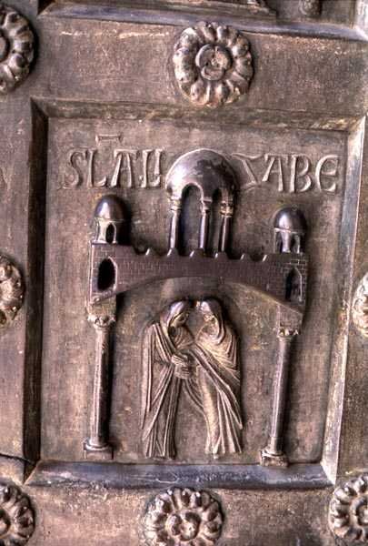 Panel przedstawiający Nawiedzenie Porta di S. Ranieri autorstwa Bonannus of Pisa