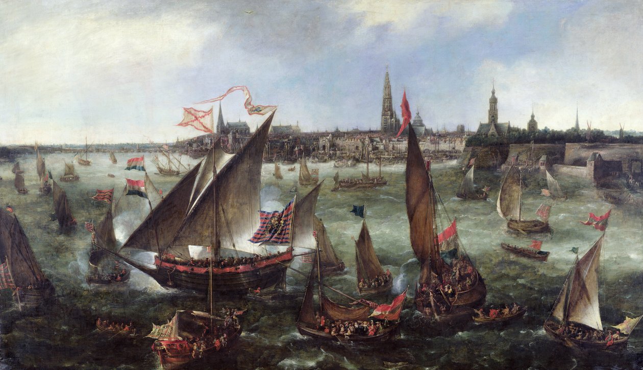 Widok portu w Antwerpii podczas uroczystości zdobycia Bredy, 1628 autorstwa Bonaventura Peeters
