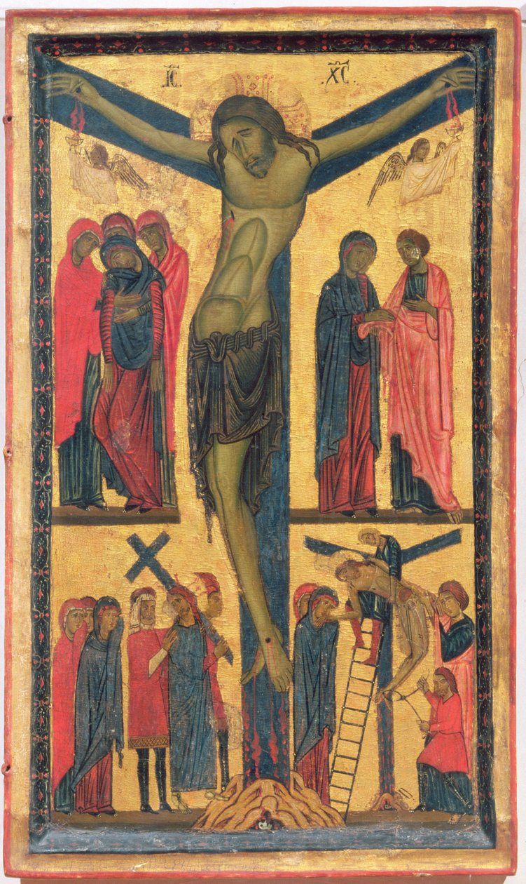Ukrzyżowanie ze świętymi kobietami, żałobnikami, Chrystus w drodze na Kalwarię i zesłanie, prawy panel dyptyku (tempera na panelu) autorstwa Bonaventura Berlinghieri