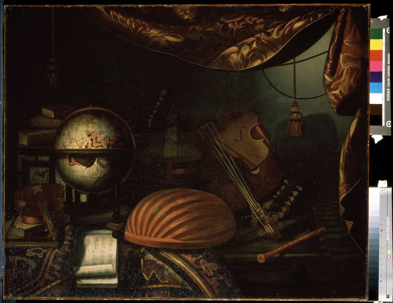 "Martwa natura z instrumentami muzycznymi"" (Martwa natura z instrumentami muzycznymi) Globus, flet, partytura, altówka, gitara. Obraz Bonaventury Bettera (1663-1718) 1715 Muzeum Puszkina, Moskwa autorstwa Bonaventura Bettera