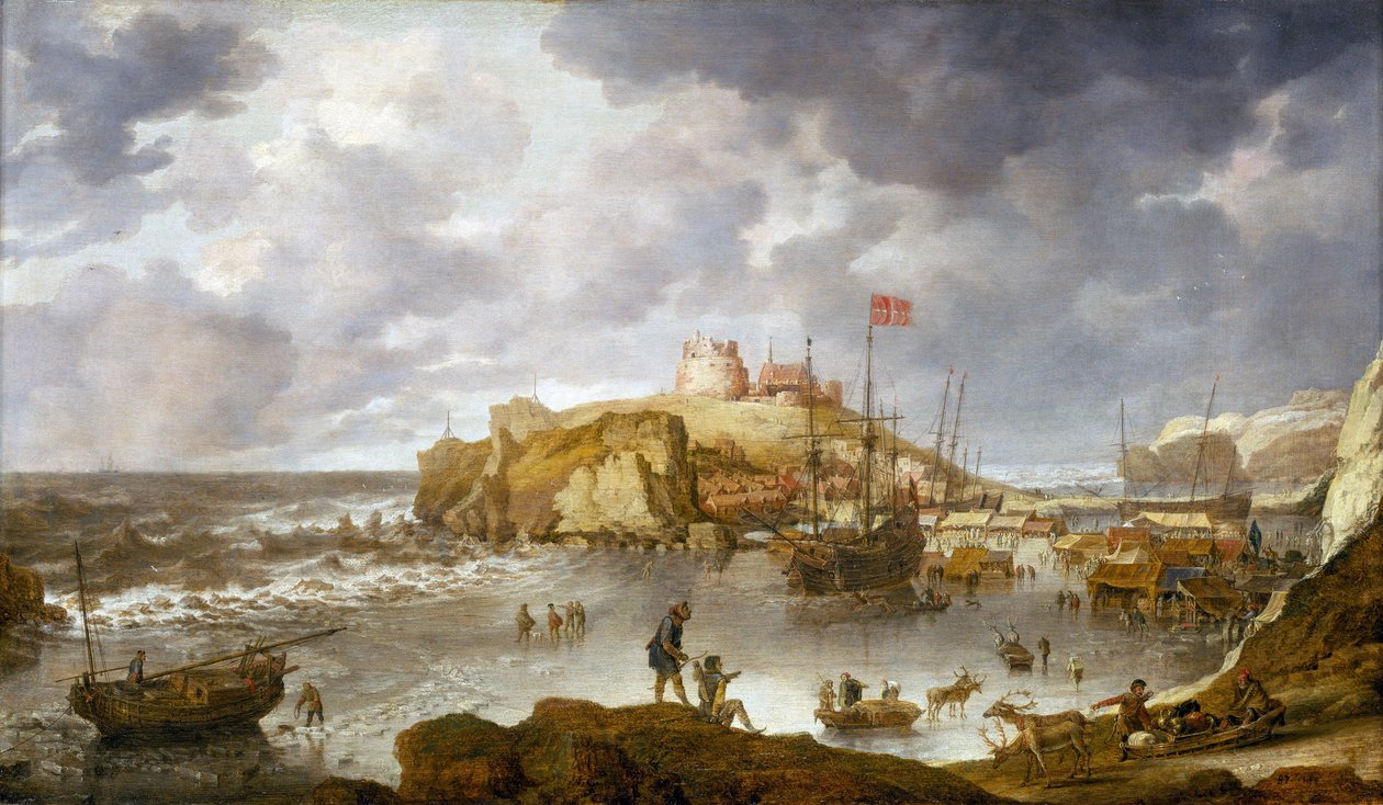 Port w Archangielu (Rosja), częściowo zamarznięty, ze statkiem pływającym pod duńską banderą autorstwa Bonaventura Peeters