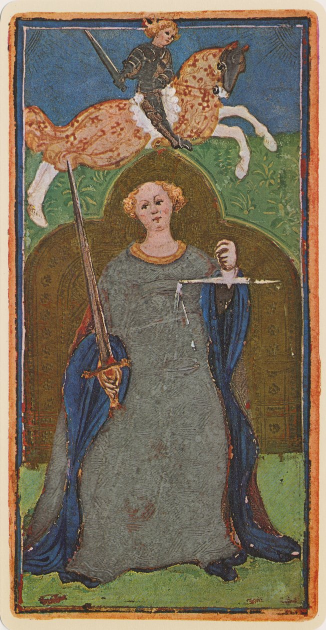 Sprawiedliwość, faksymile karty tarota z talii „Visconti”, 1441-47 autorstwa Bonifacio Bembo