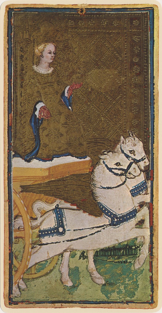 Rydwan, faksymile karty tarota z talii „Visconti”, 1441-47 autorstwa Bonifacio Bembo