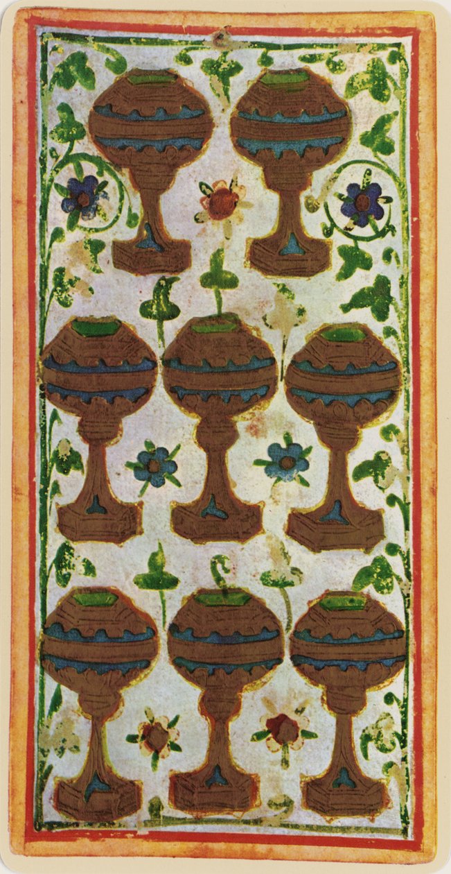 Osiem kielichów, faksymile karty tarota z talii „Visconti”, 1441-47 autorstwa Bonifacio Bembo