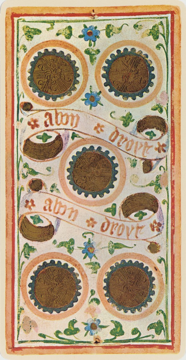 Piątka monet, faksymile karty tarota z talii „Visconti”, 1441-47 autorstwa Bonifacio Bembo