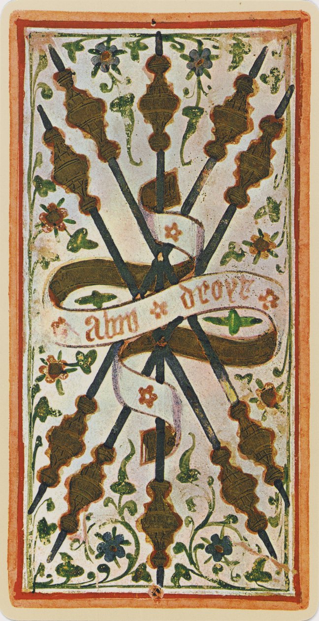 Pięć różdżek, faksymile karty tarota z talii „Visconti”, 1441-47 autorstwa Bonifacio Bembo