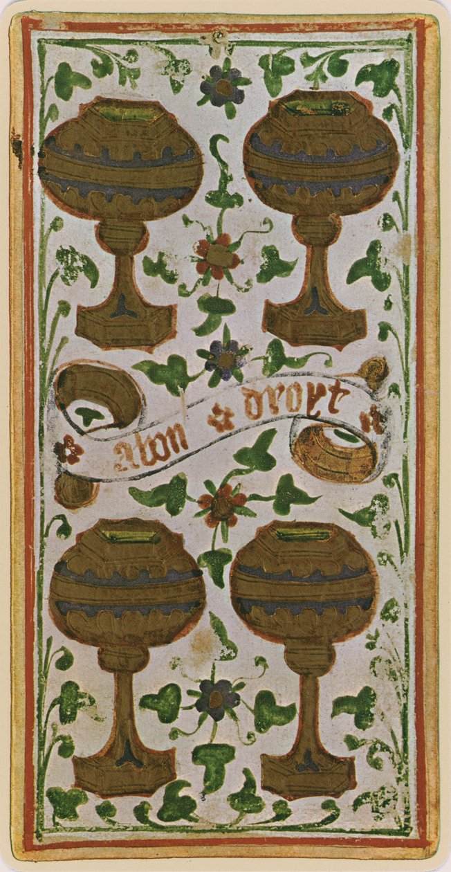Czwórka Pucharów, faksymile karty tarota z talii „Visconti”, 1441-47 autorstwa Bonifacio Bembo