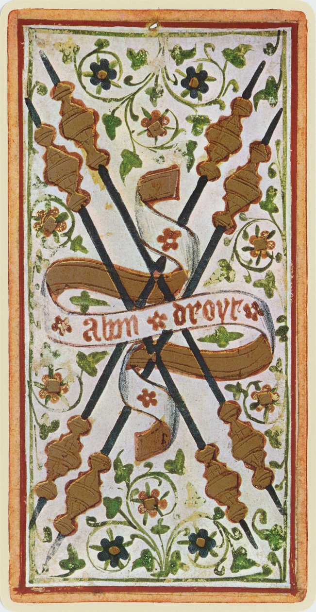 Cztery różdżki, faksymile karty tarota z talii „Visconti”, 1441-47 autorstwa Bonifacio Bembo
