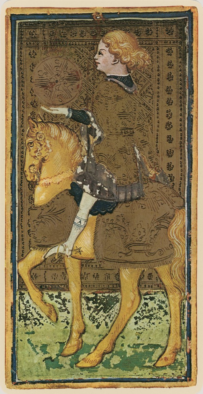 Rycerz Monet, faksymile karty tarota z talii „Visconti”, 1441-47 autorstwa Bonifacio Bembo
