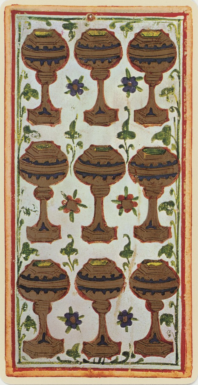 Dziewiątka Pucharów, faksymile karty tarota z talii Visconti, 1441-47 autorstwa Bonifacio Bembo