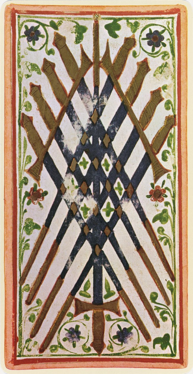 Dziewiątka Mieczy, faksymile karty tarota z talii Visconti, 1441-47 autorstwa Bonifacio Bembo