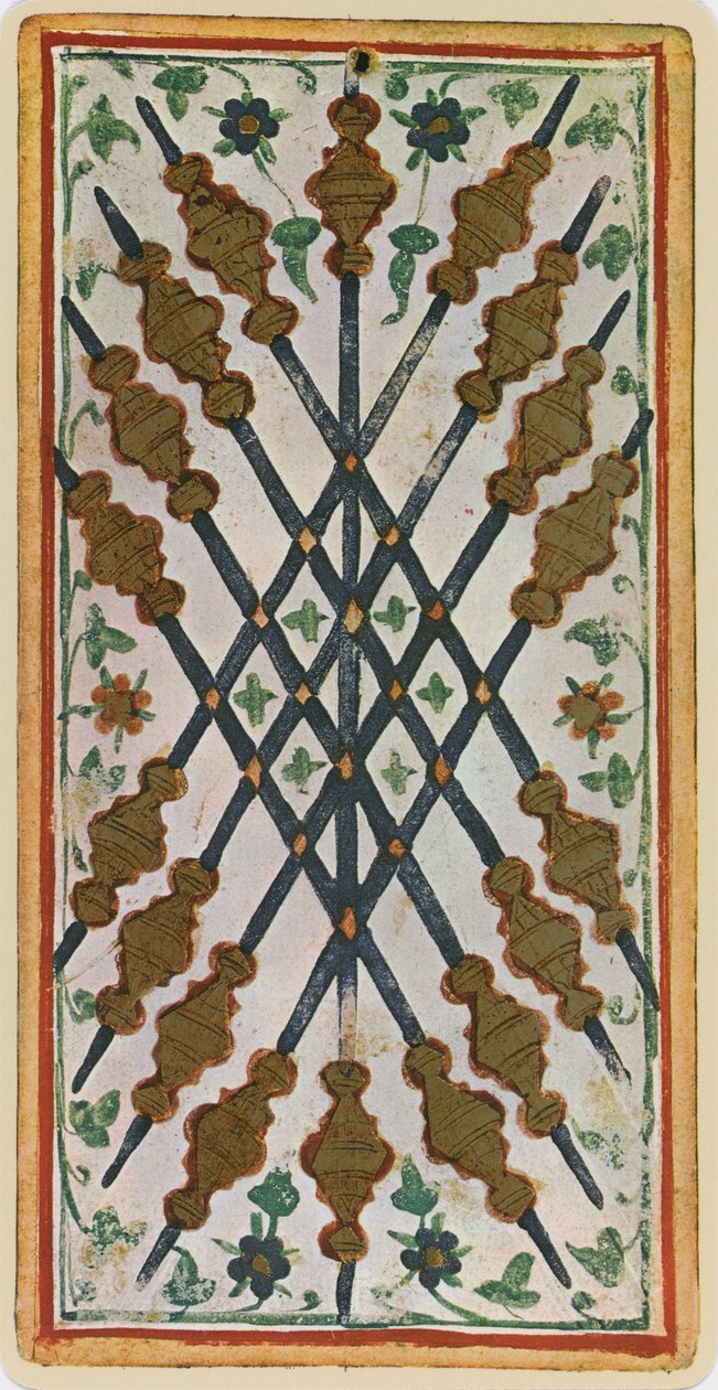 Dziewiątka Buław, faksymile karty tarota z talii „Visconti”, 1441-47 autorstwa Bonifacio Bembo
