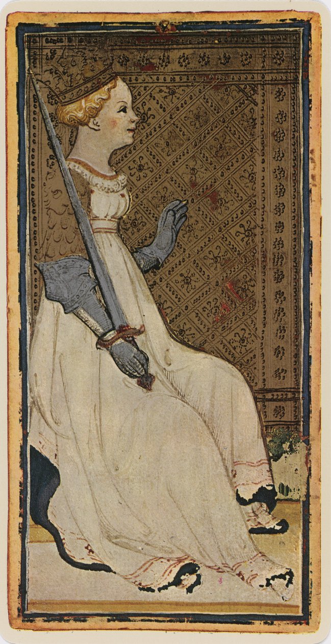 Królowa Mieczy, faksymile karty tarota z talii „Visconti”, 1441-47 autorstwa Bonifacio Bembo