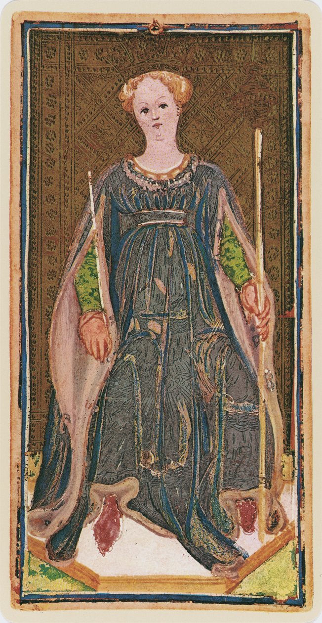 Królowa Buław, faksymile karty tarota z talii „Visconti”, 1441-47 autorstwa Bonifacio Bembo