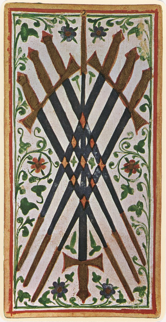Siódemka mieczy, faksymile karty tarota z talii „Visconti”, 1441-47 autorstwa Bonifacio Bembo