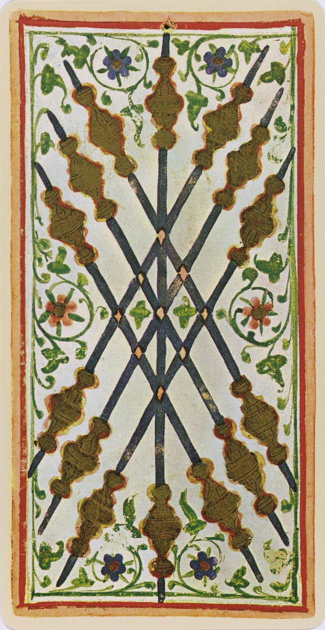 Siedem Buław, faksymile karty tarota z talii „Visconti”, 1441-47 autorstwa Bonifacio Bembo