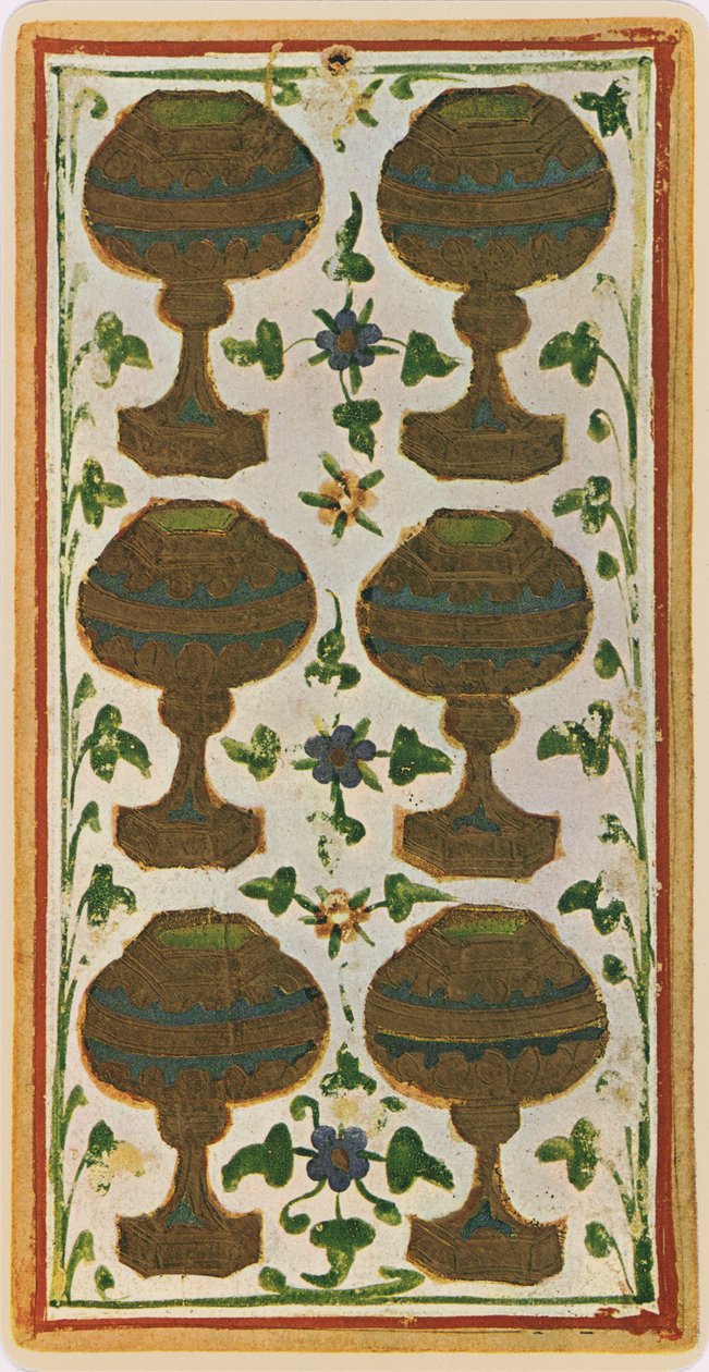 Szóstka Pucharów, faksymile karty tarota z talii Visconti, 1441-47 autorstwa Bonifacio Bembo