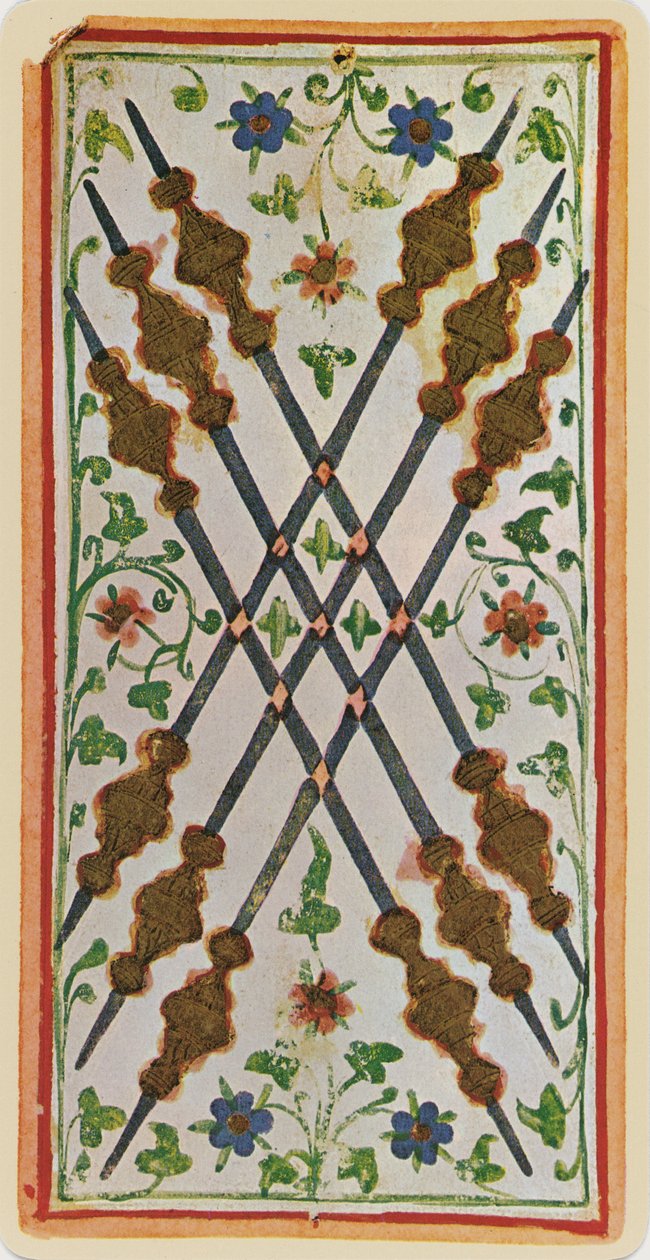 Sześć różdżek, faksymile karty tarota z talii „Visconti”, 1441-47 autorstwa Bonifacio Bembo