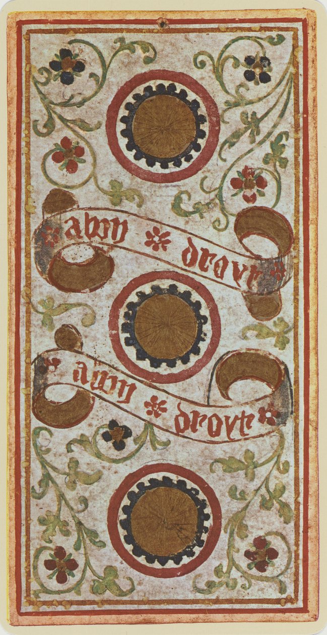 Trójka Monet, faksymile karty tarota z talii Visconti, 1441-47 autorstwa Bonifacio Bembo