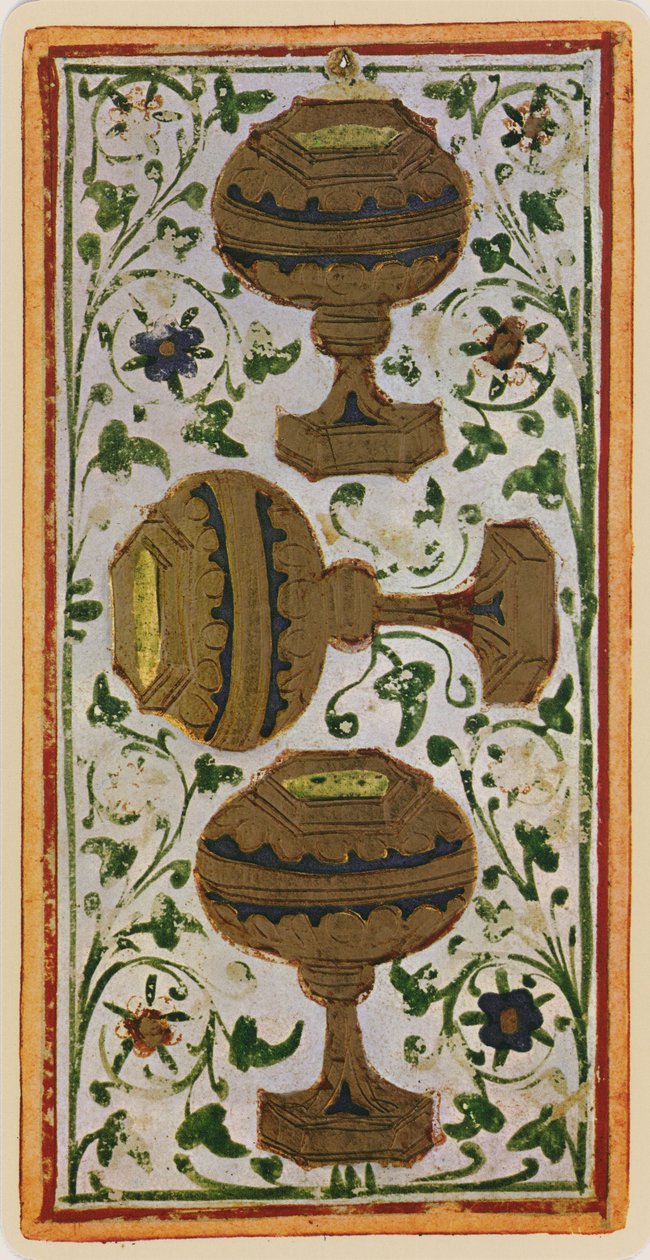 Trójka Pucharów, faksymile karty tarota z talii „Visconti”, 1441-47 autorstwa Bonifacio Bembo