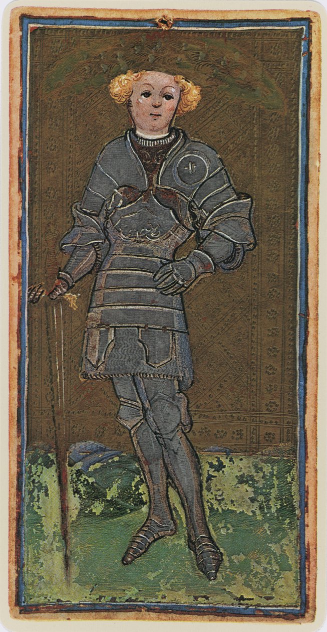 Walet Mieczy, faksymile karty tarota z talii „Visconti”, 1441-47 autorstwa Bonifacio Bembo