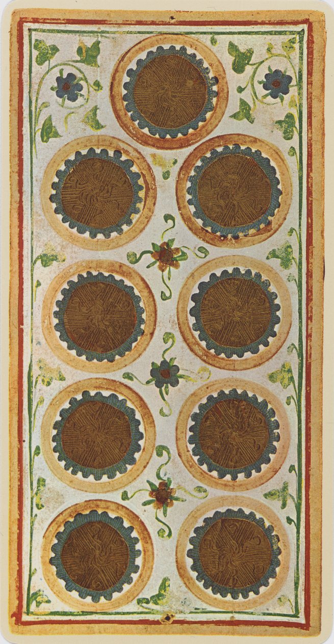 Dziewiątka Monet, faksymile karty tarota z talii Visconti, 1441-47 autorstwa Bonifacio Bembo