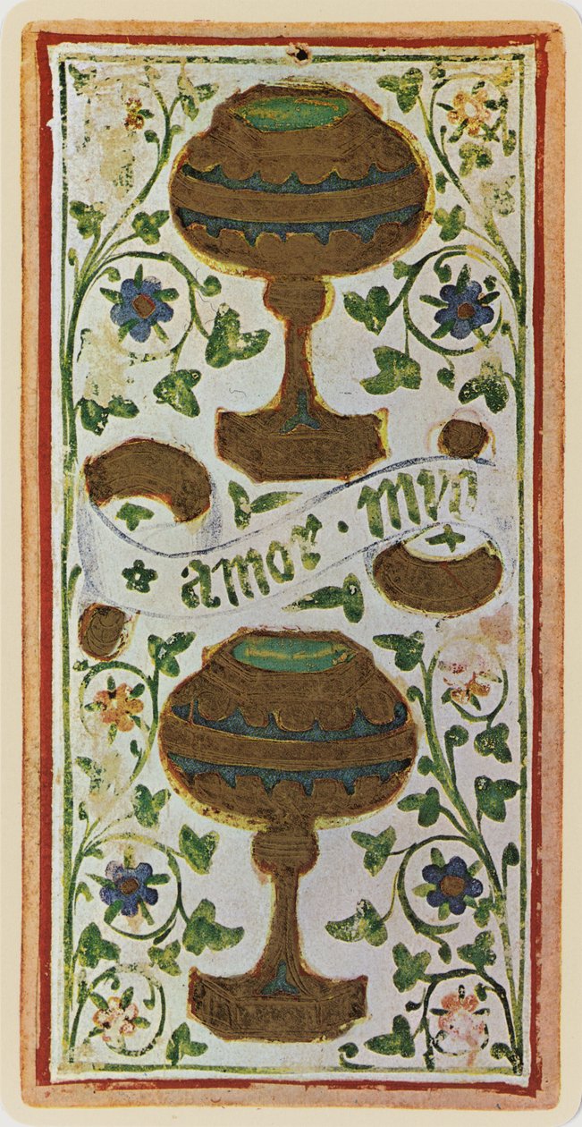 Dwójka Pucharów, faksymile karty tarota z talii „Visconti”, 1441-47 autorstwa Bonifacio Bembo