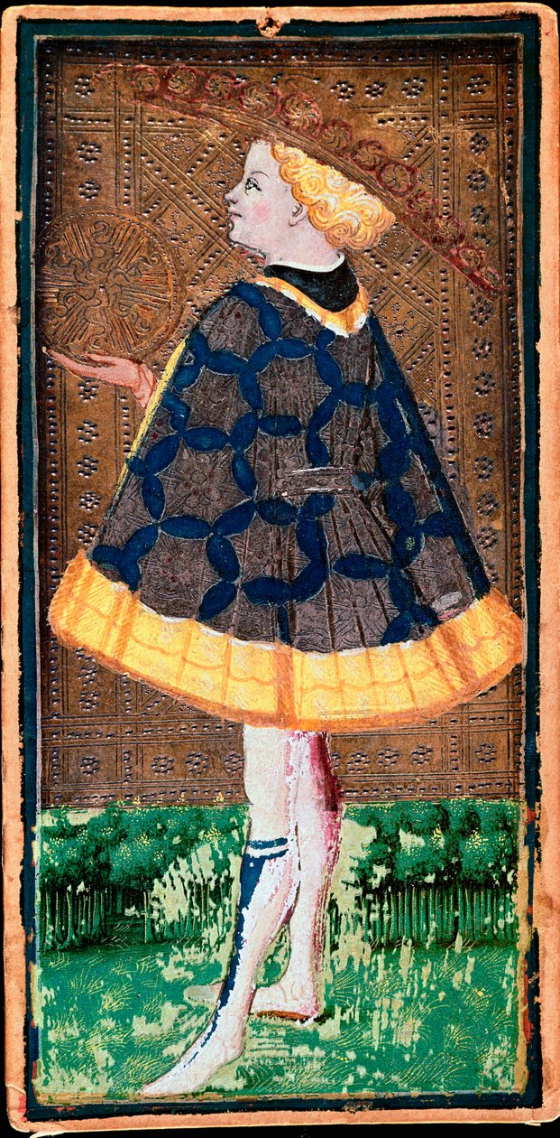 Valet de denier karta. Mapa gry Tarota wykonana przez Bonifacio Bembo (1420-1482) dla Filippo Maria Visconti, ok. 1440 r. Bergamo. Galeria Akademii Carrara autorstwa Bonifacio Bembo