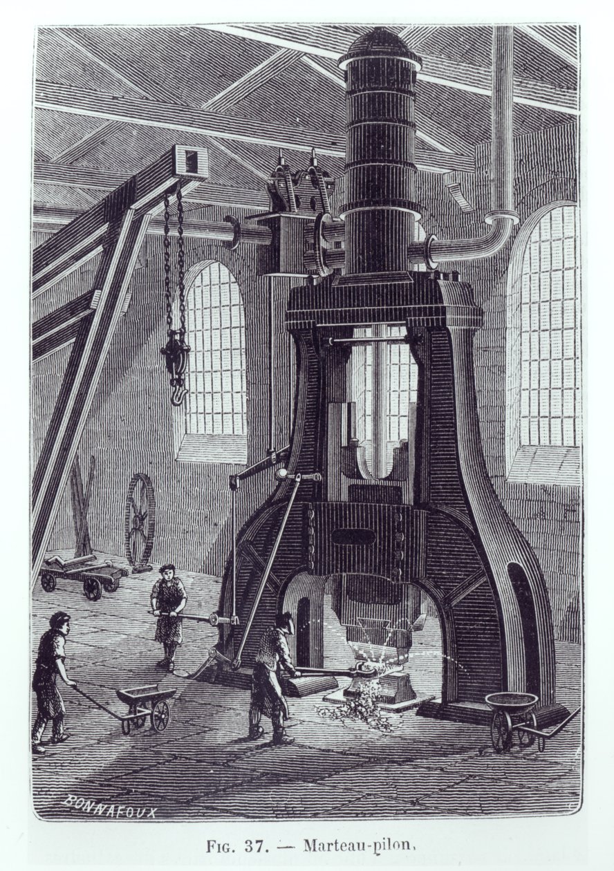 Młot mechaniczny Le Creusot, ilustracja do książki o maszynach przemysłowych, ok. 1930 r. 1880 (zdjęcie bw) autorstwa Bonnafoux