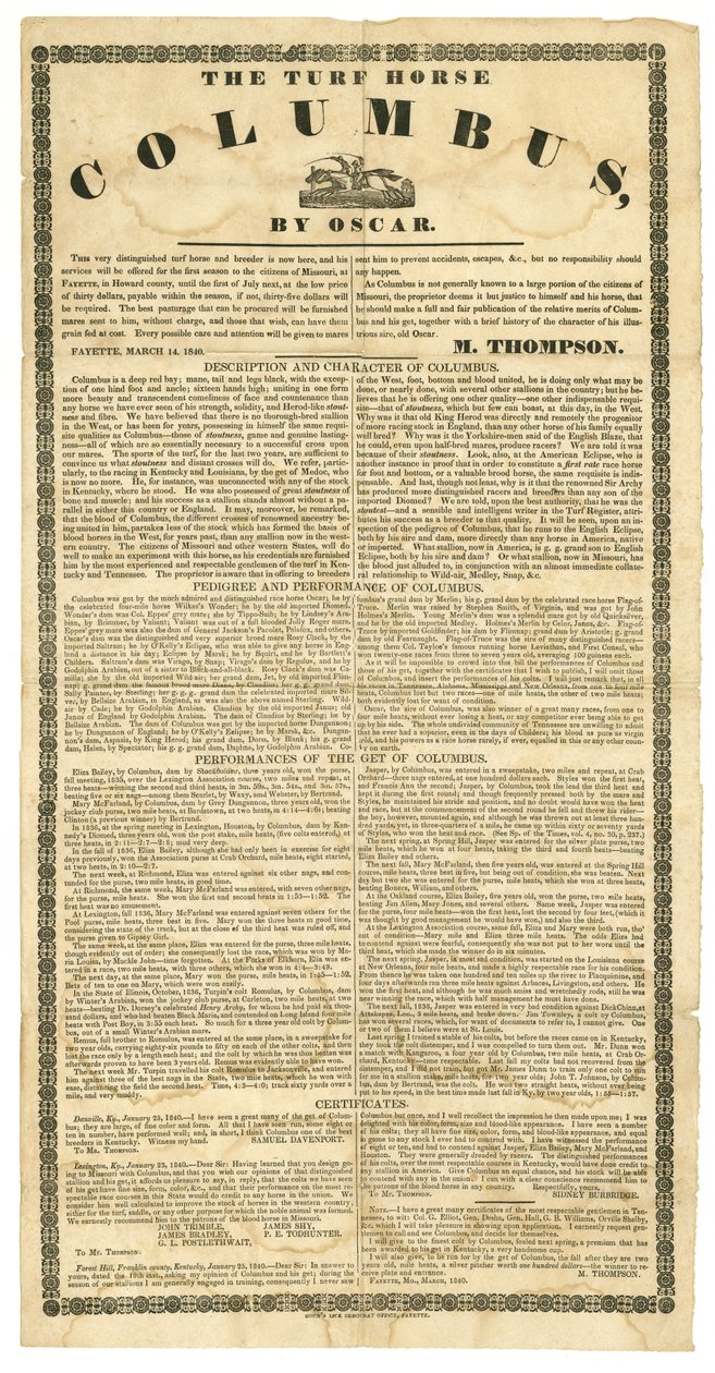Plakat przedstawiający konia ogiera darniowego Columbus, Fayette, poniedziałek, 14 marca 1840 r. autorstwa Boon Democrat