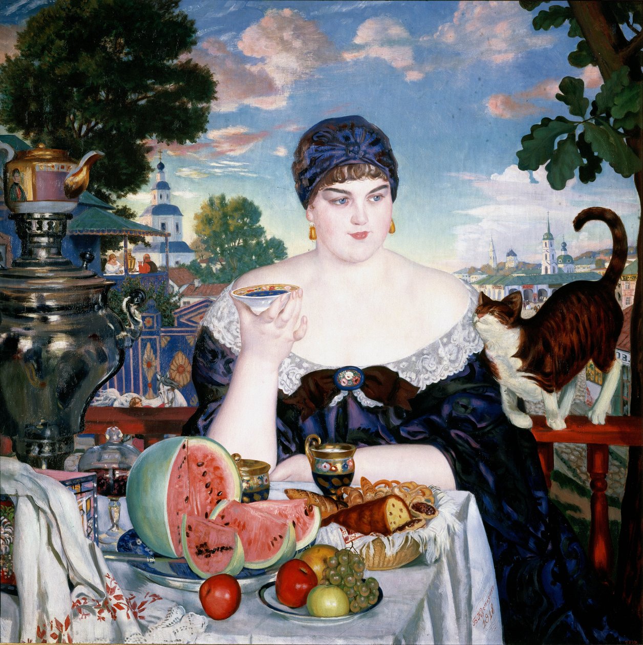 Żona kupców w herbacie autorstwa Boris Mikhailovich Kustodiev