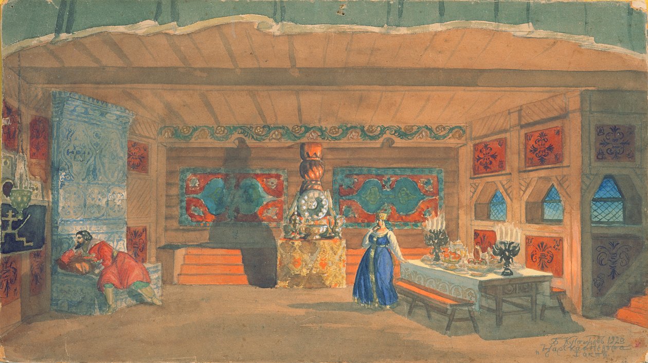 Scenografia do opery Rimskiego-Korsakowa „Oblubienica cara”, 1920 (wc i gwasz na papierze) autorstwa Boris Mikhailovich Kustodiev