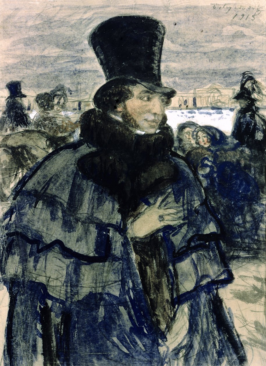 Portret Aleksandra Puszkina (1799-1837) na nabrzeżu Newy, 1915 autorstwa Boris Mikhailovich Kustodiev