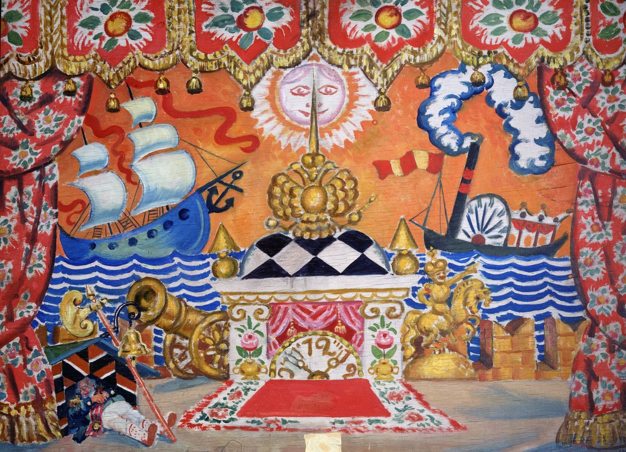 Jevgenijaus Zamiatino filmo „The Flea“ scenografija, 1925 m. (tempera ant medžio)oli autorstwa Boris Mikhailovich Kustodiev