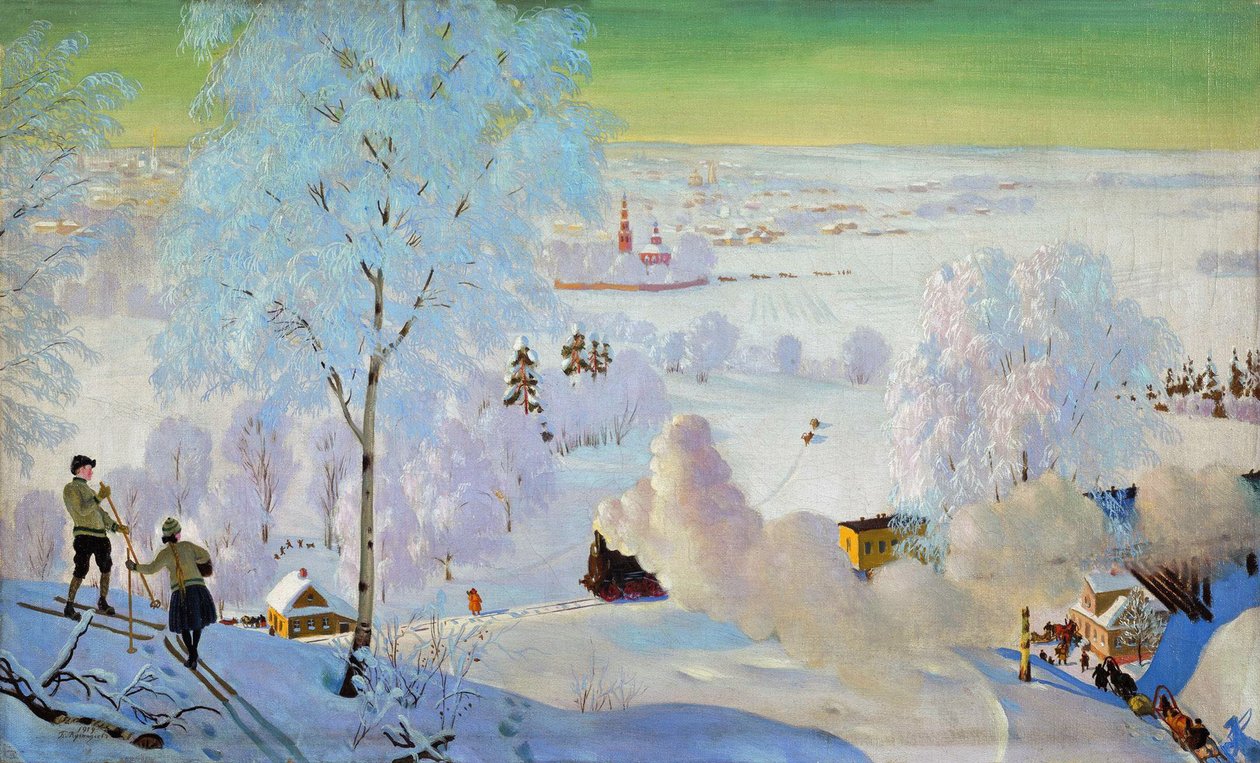 Narciarze, 1919 r. autorstwa Boris Mikhailovich Kustodiev