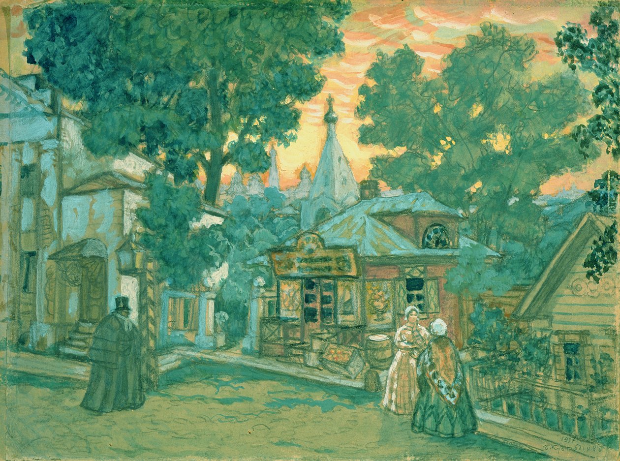 Scenografia do sztuki Ostrowskiego „Nie jeden grosz...”, 1917 (wc i kolor biały na tekturze) autorstwa Boris Mikhailovich Kustodiev