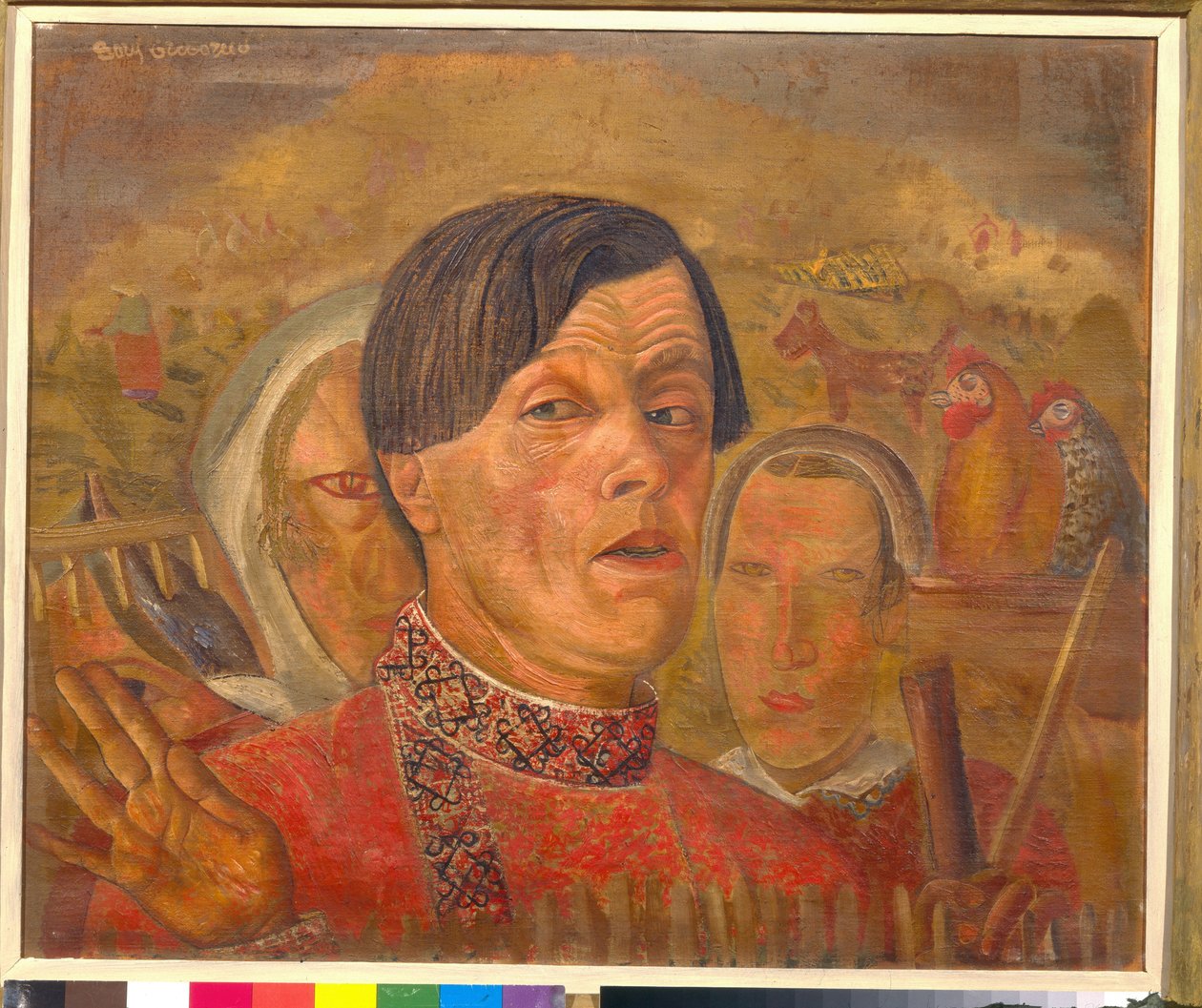 Autoportret z kogutem i kurą (Autoportret z kogutem i kurą) - Obraz Borisa Dmitrievicha Grigorieva (1886-1939), ok. 1924 - Olej na płótnie - Rozmiar: 60,4 x 73,5 cm - Kolekcja prywatna autorstwa Boris Dmitrievich Grigoriev