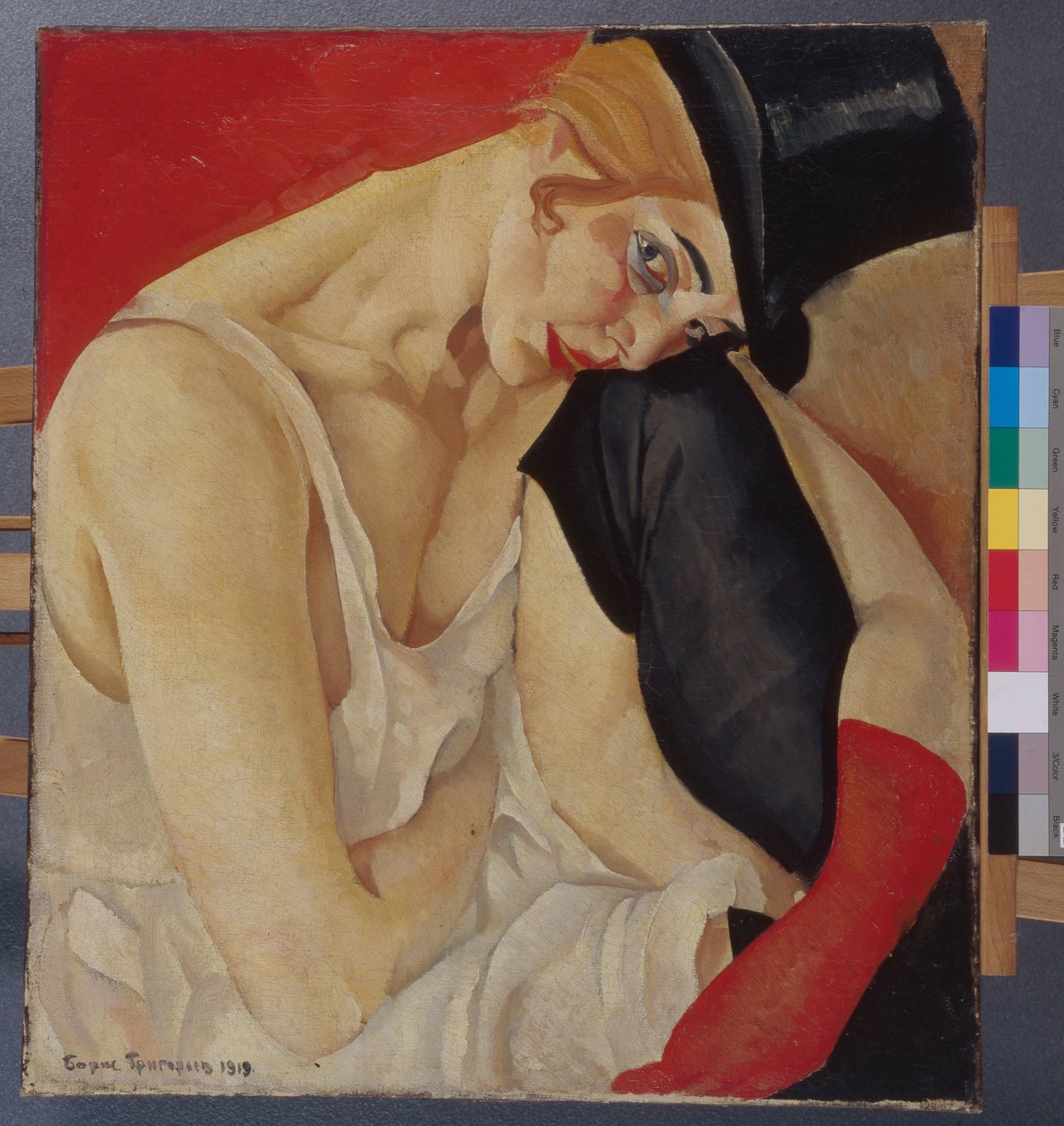 Kobieta w cylindrze - Obraz Borisa Dmitrievicha Grigorieva (1886-1939), olej na płótnie (71x62,5 cm) autorstwa Boris Dmitrievich Grigoriev