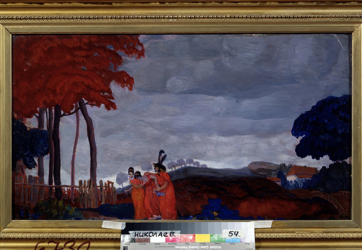 „Ból młodej dziewczyny” Dwie kobiety ubrane na czerwono otaczają trzecią, osłabioną żalem. Obraz Borisa Grigorieva (1886-1939) 1912 Regionalne Muzeum Sztuki W. Wereshchagin, Mikołajów autorstwa Boris Dmitrievich Grigoriev