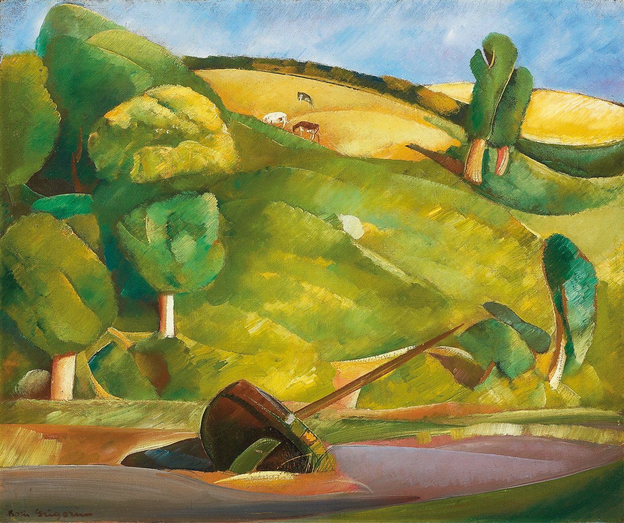 Żaglówka w kubistycznym krajobrazie, początek lat 20. (olej na płótnie) autorstwa Boris Dmitrievich Grigoriev